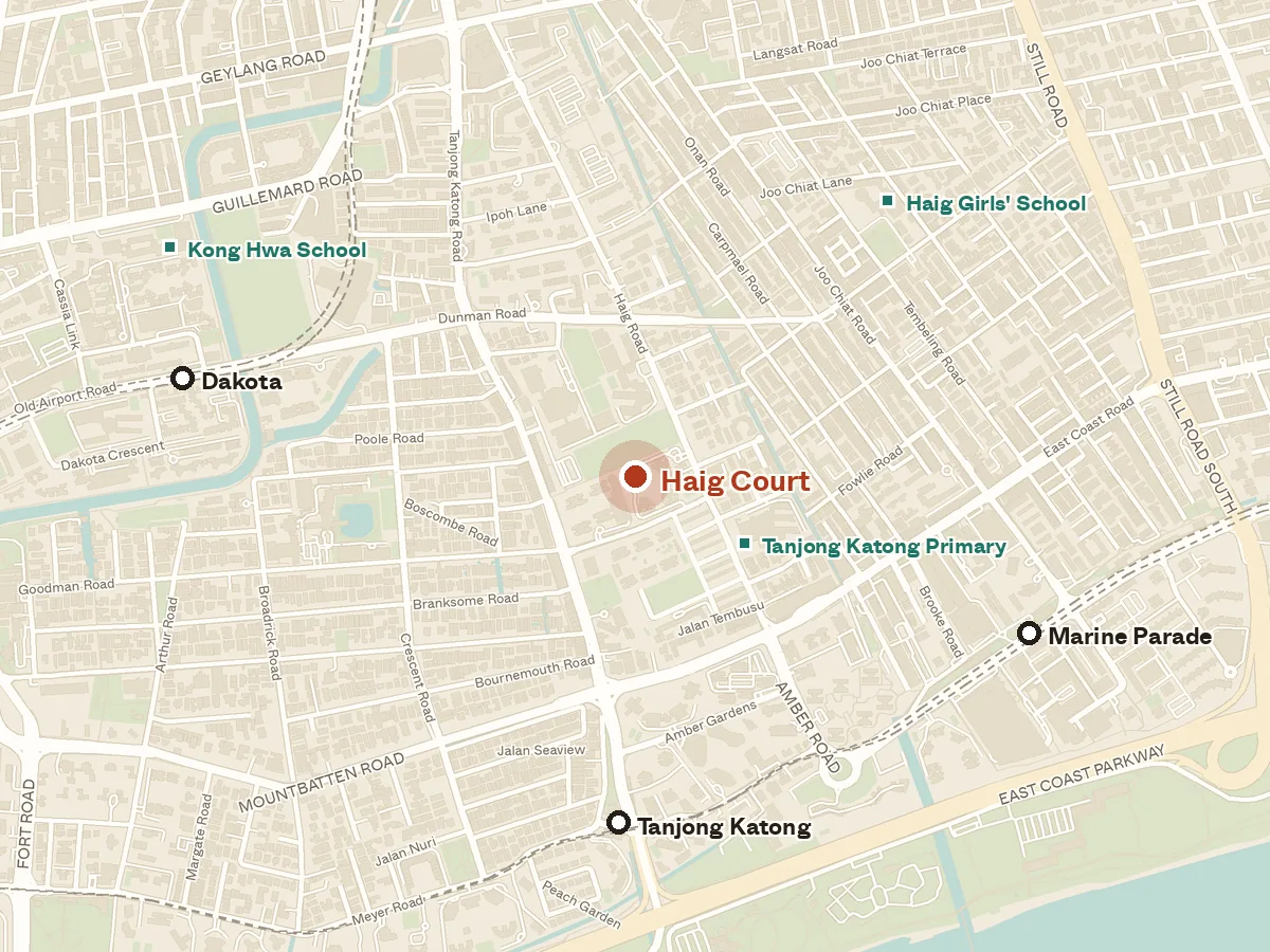 Map of the area around Haig Court, with nearby MRT stations and primary schools
