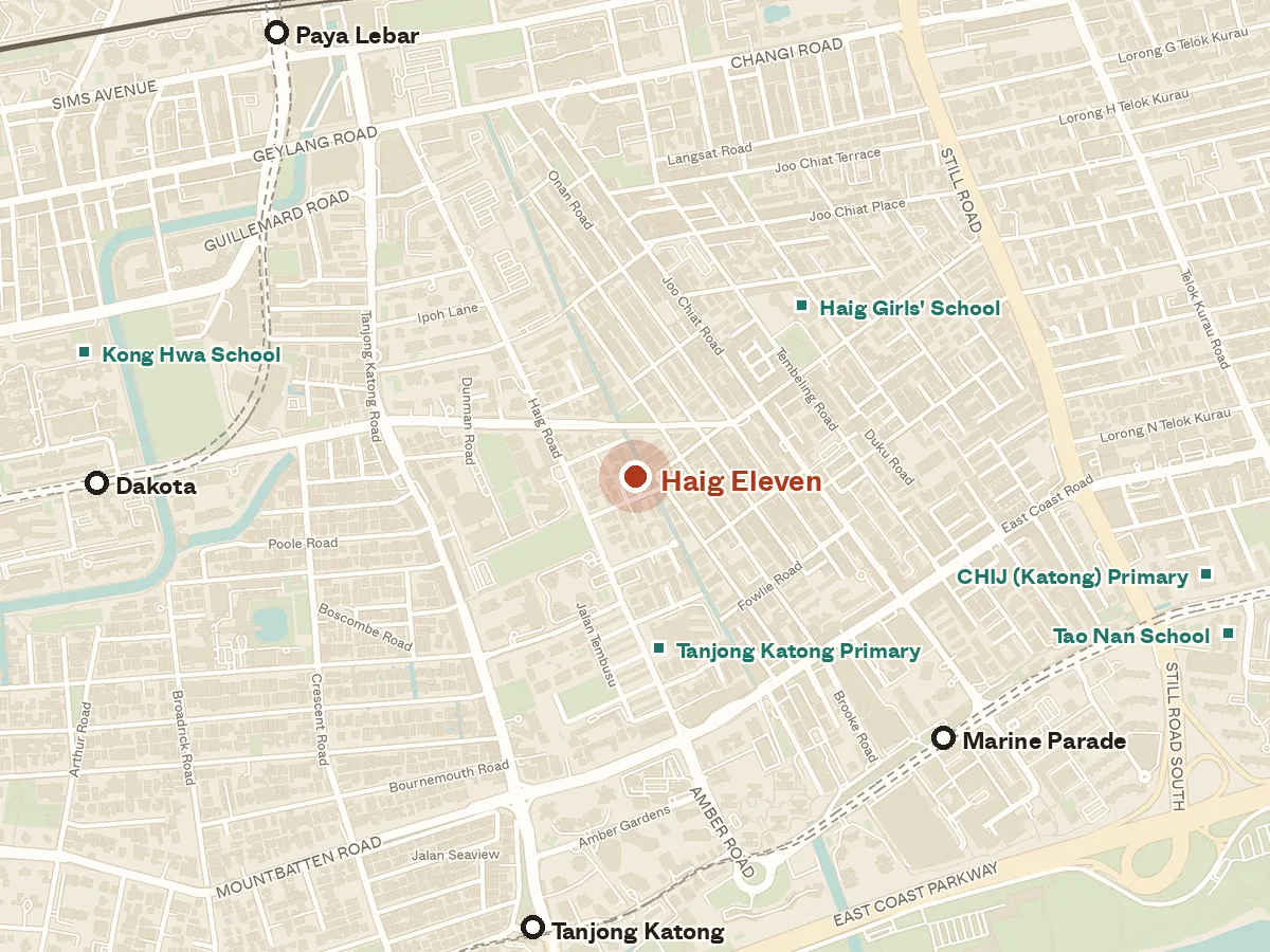 Map of the area around Haig Eleven, with nearby MRT stations and primary schools