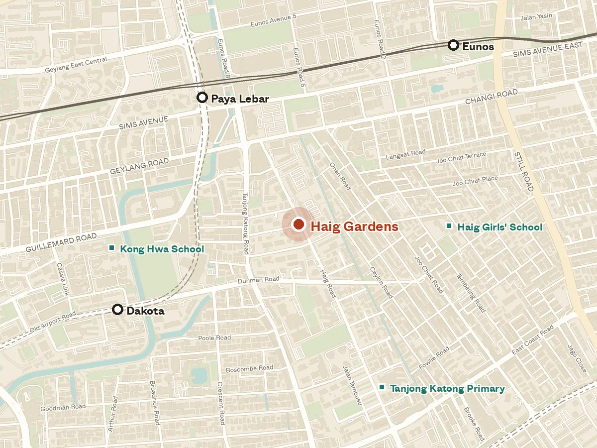 Map of the area around Haig Gardens, with nearby MRT stations and primary schools