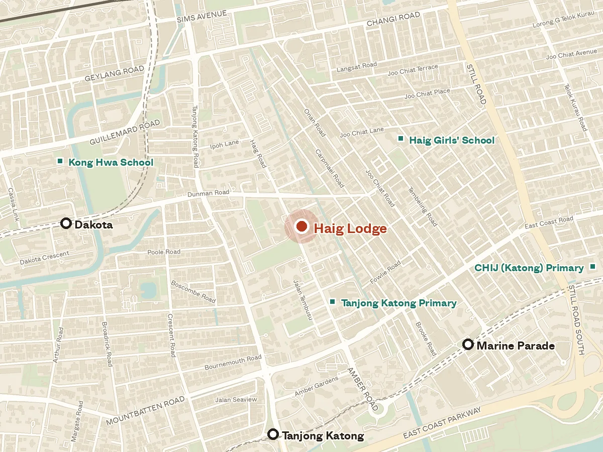 Map of the area around Haig Lodge, with nearby MRT stations and primary schools