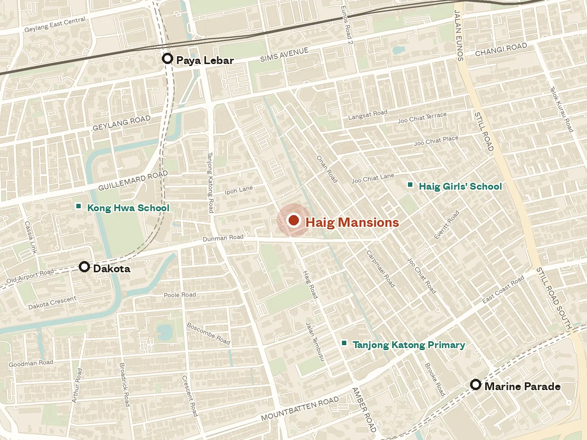 Map of the area around Haig Mansions, with nearby MRT stations and primary schools