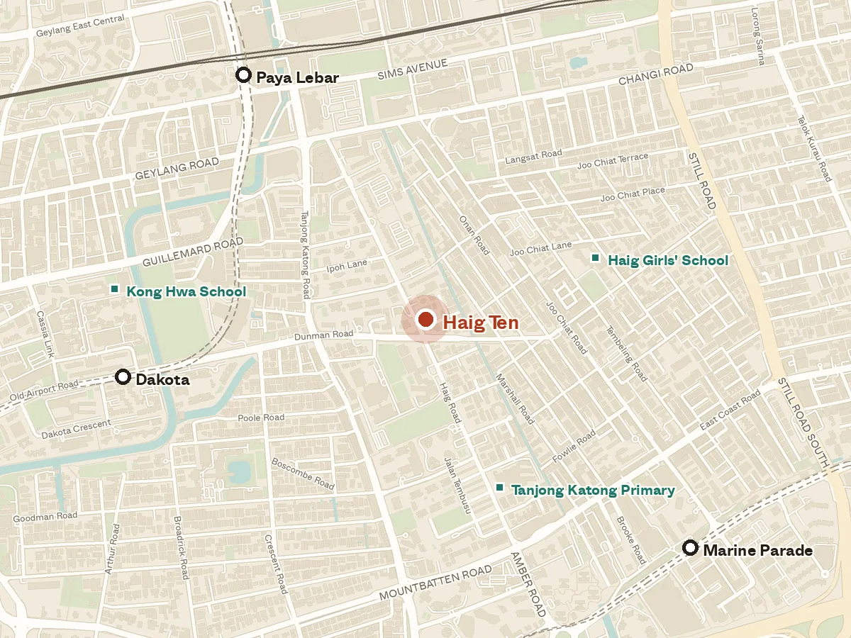 Map of the area around Haig Ten, with nearby MRT stations and primary schools