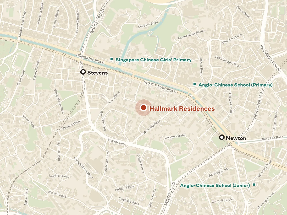 Map of the area around Hallmark Residences, with nearby MRT stations and primary schools