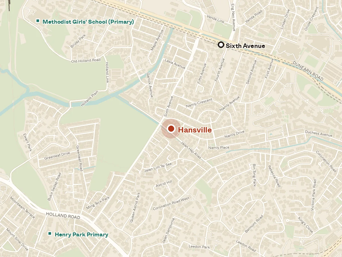 Map of the area around Hansville, with nearby MRT stations and primary schools