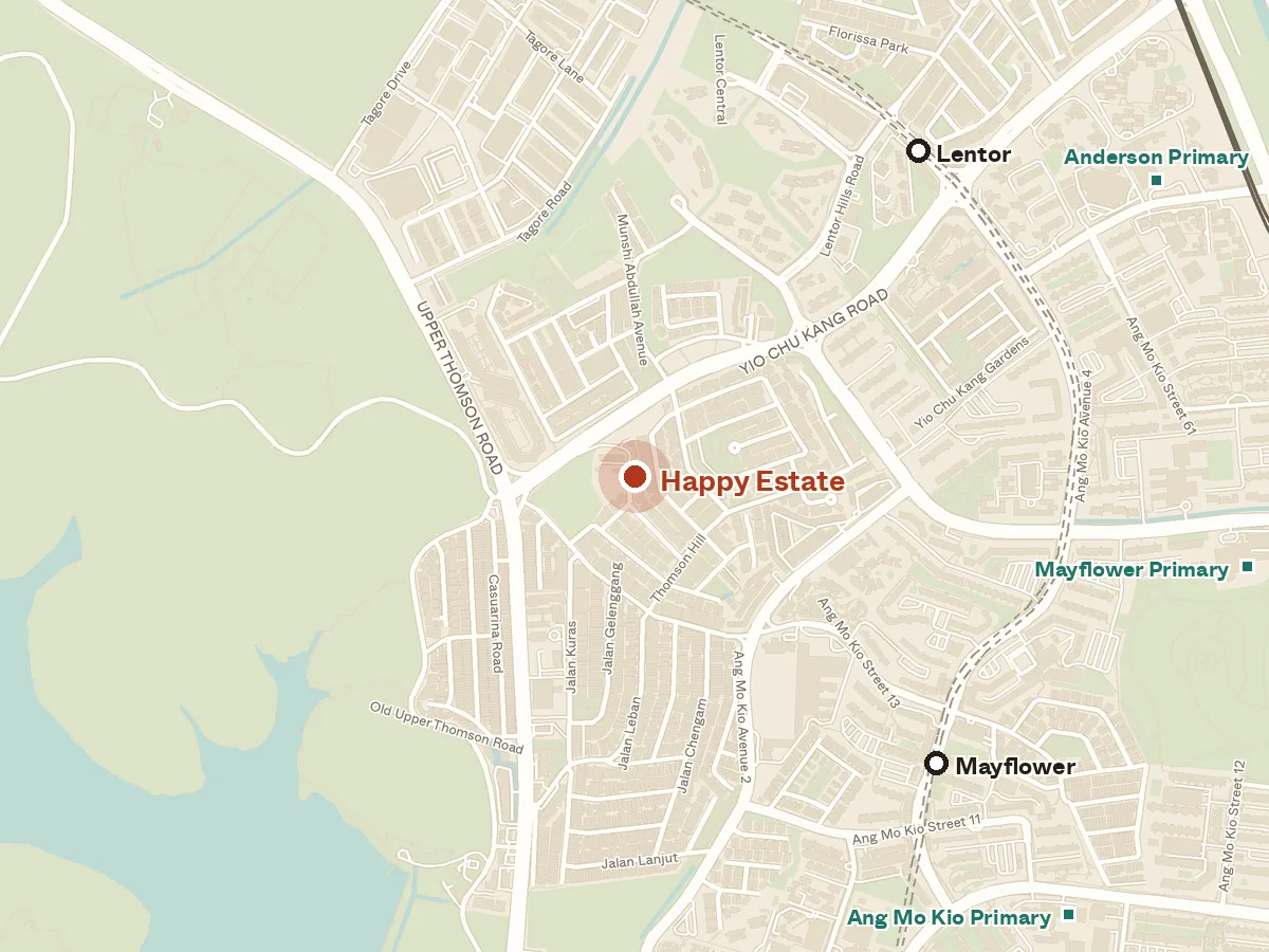 Map of the area around Happy Estate, with nearby MRT stations and primary schools