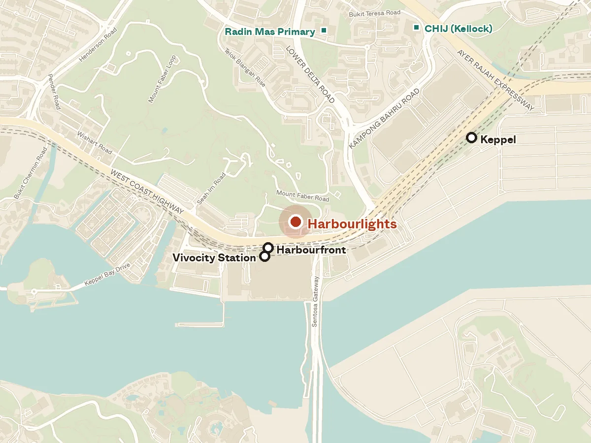 Map of the area around Harbourlights, with nearby MRT stations and primary schools