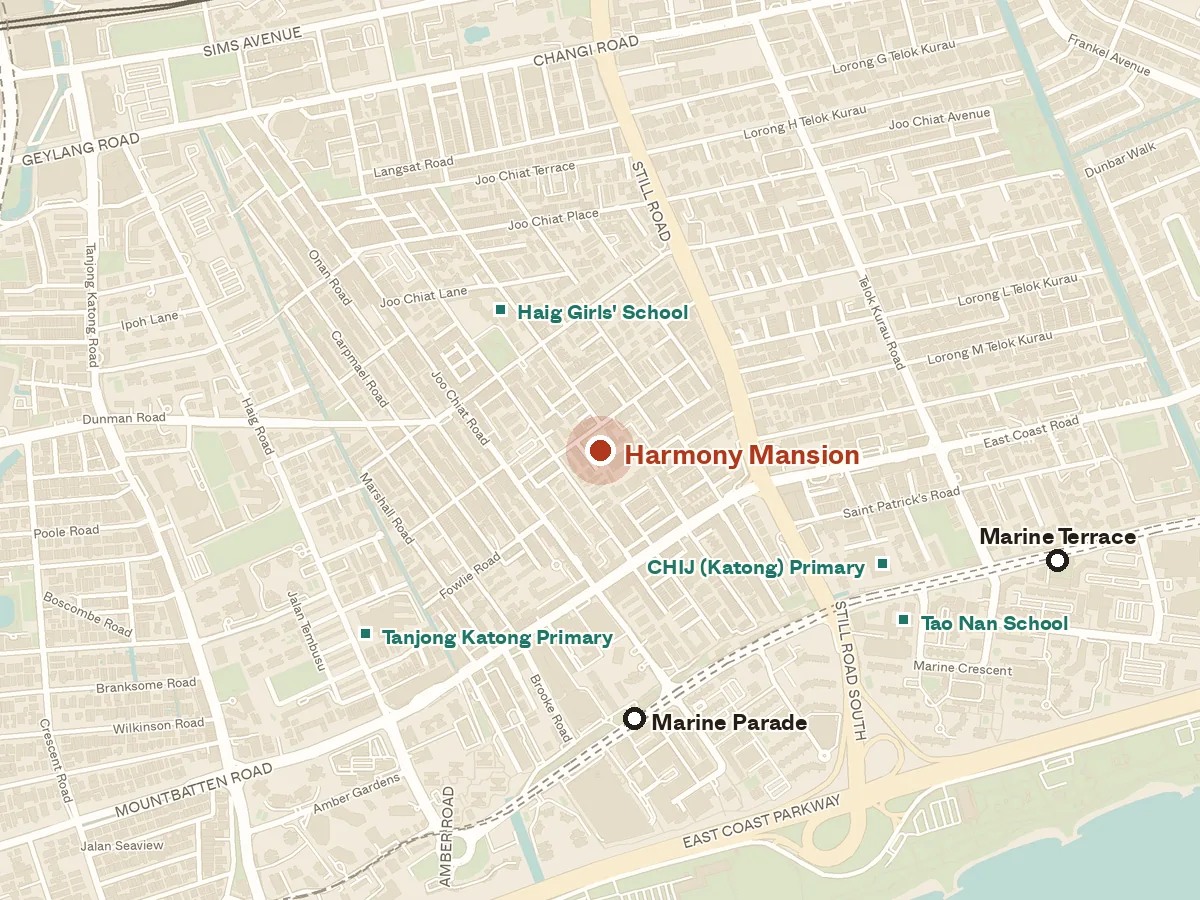 Map of the area around Harmony Mansion, with nearby MRT stations and primary schools