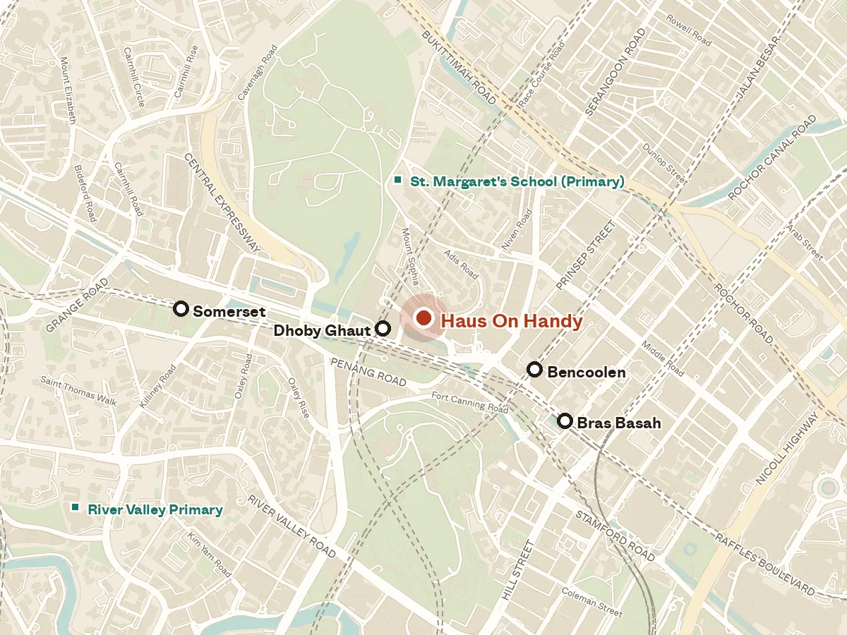 Map of the area around Haus on Handy, with nearby MRT stations and primary schools