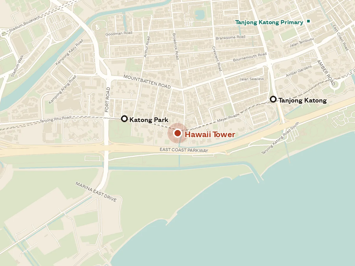 Map of the area around Hawaii Tower, with nearby MRT stations and primary schools
