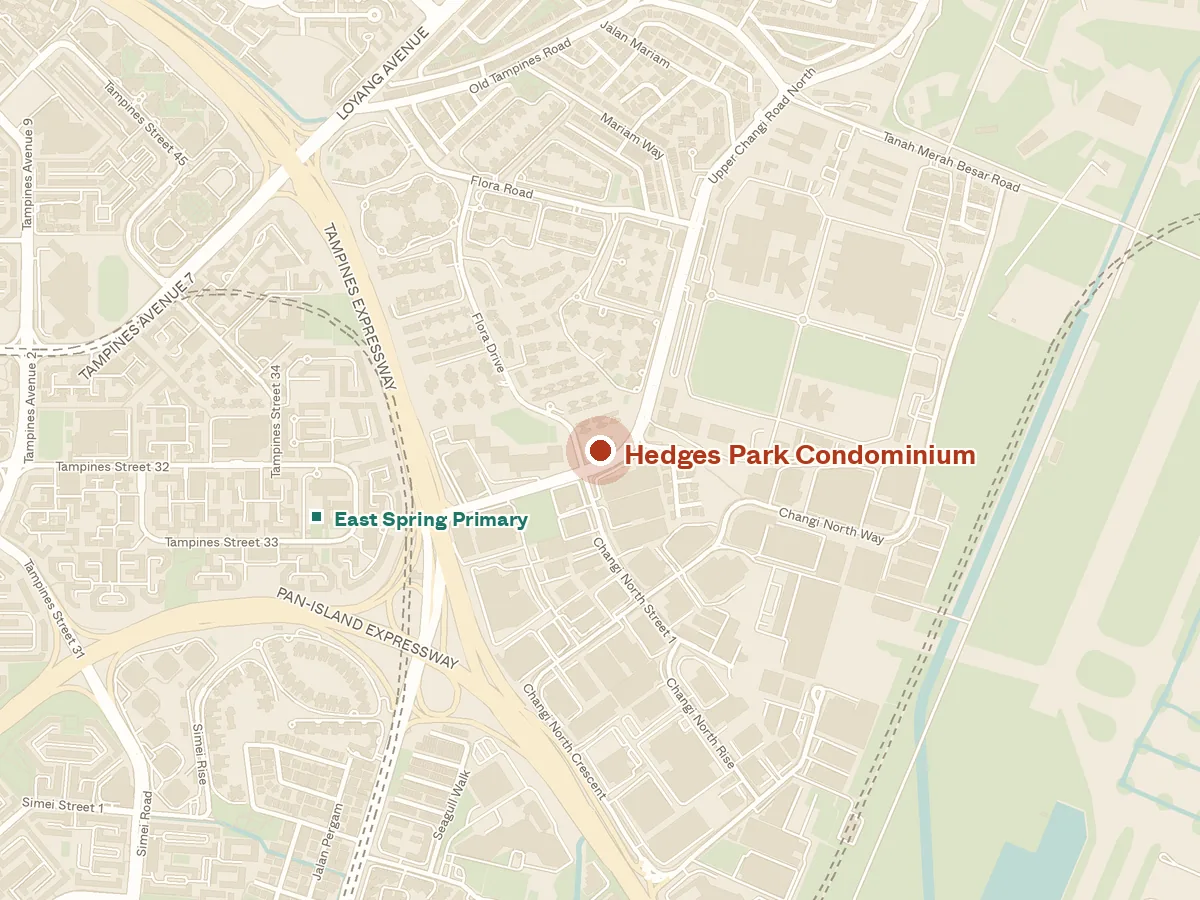 Map of the area around Hedges Park Condominium, with nearby MRT stations and primary schools