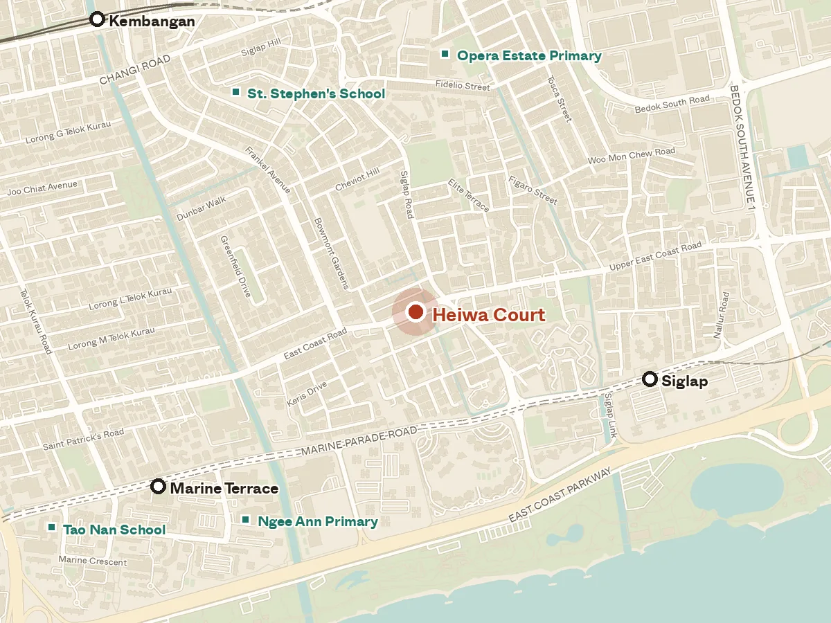 Map of the area around Heiwa Court, with nearby MRT stations and primary schools
