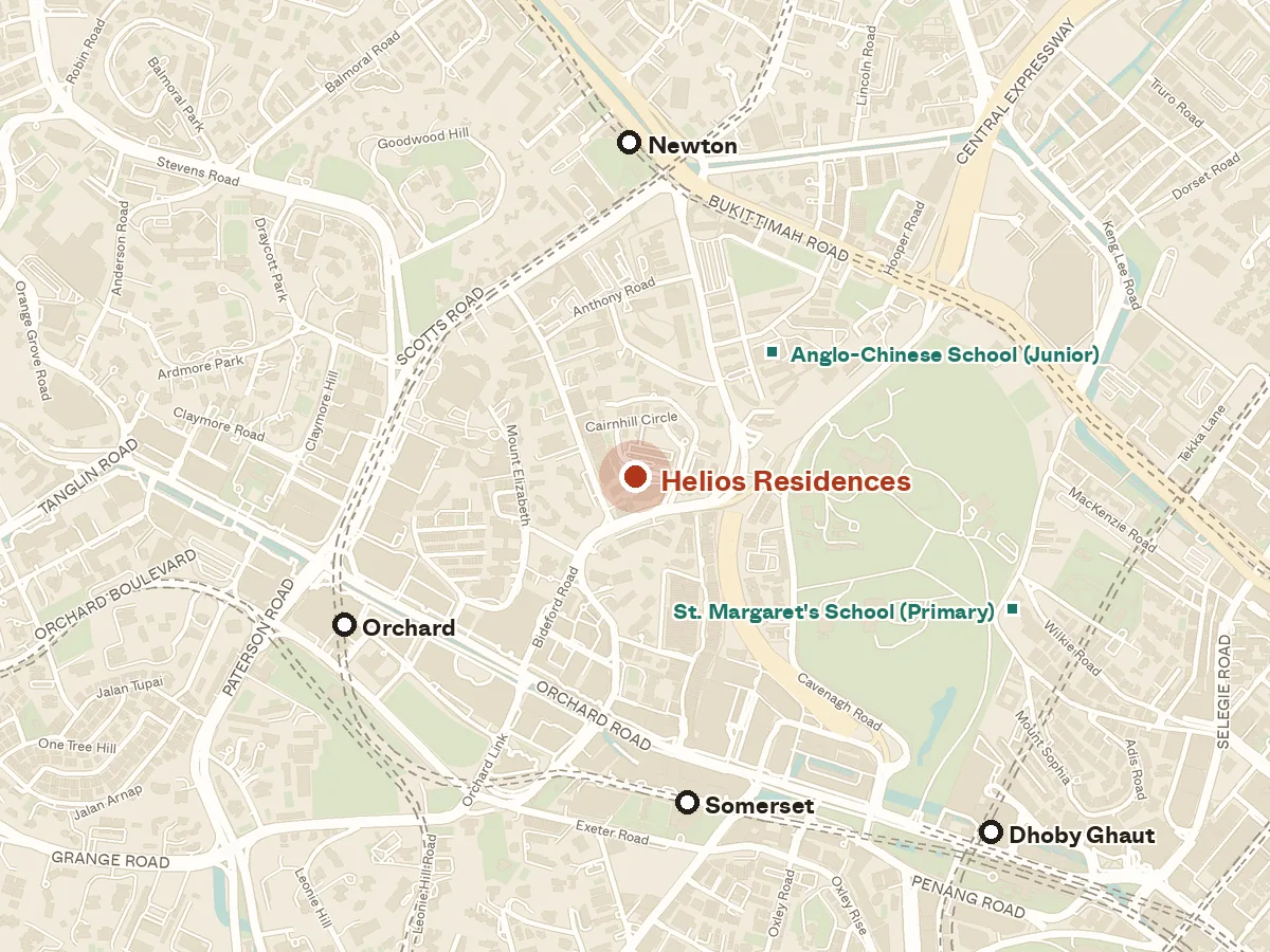 Map of the area around Helios Residences, with nearby MRT stations and primary schools