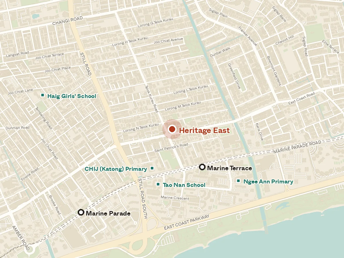Map of the area around Heritage East, with nearby MRT stations and primary schools