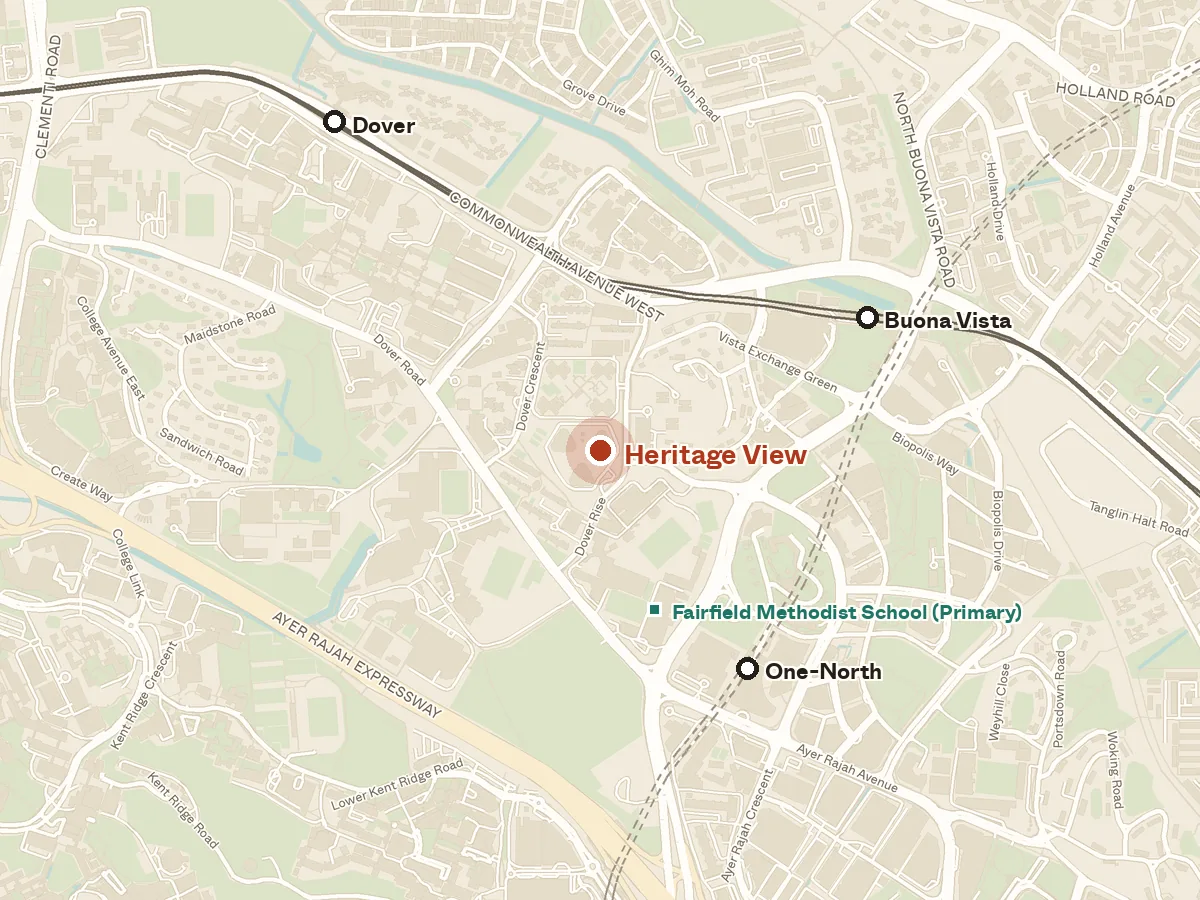 Map of the area around Heritage View, with nearby MRT stations and primary schools