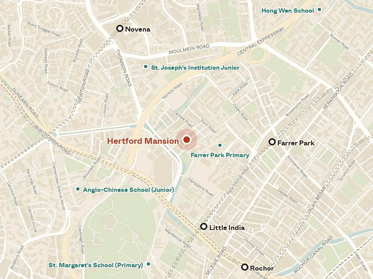 Map of the area around Hertford Mansion, with nearby MRT stations and primary schools