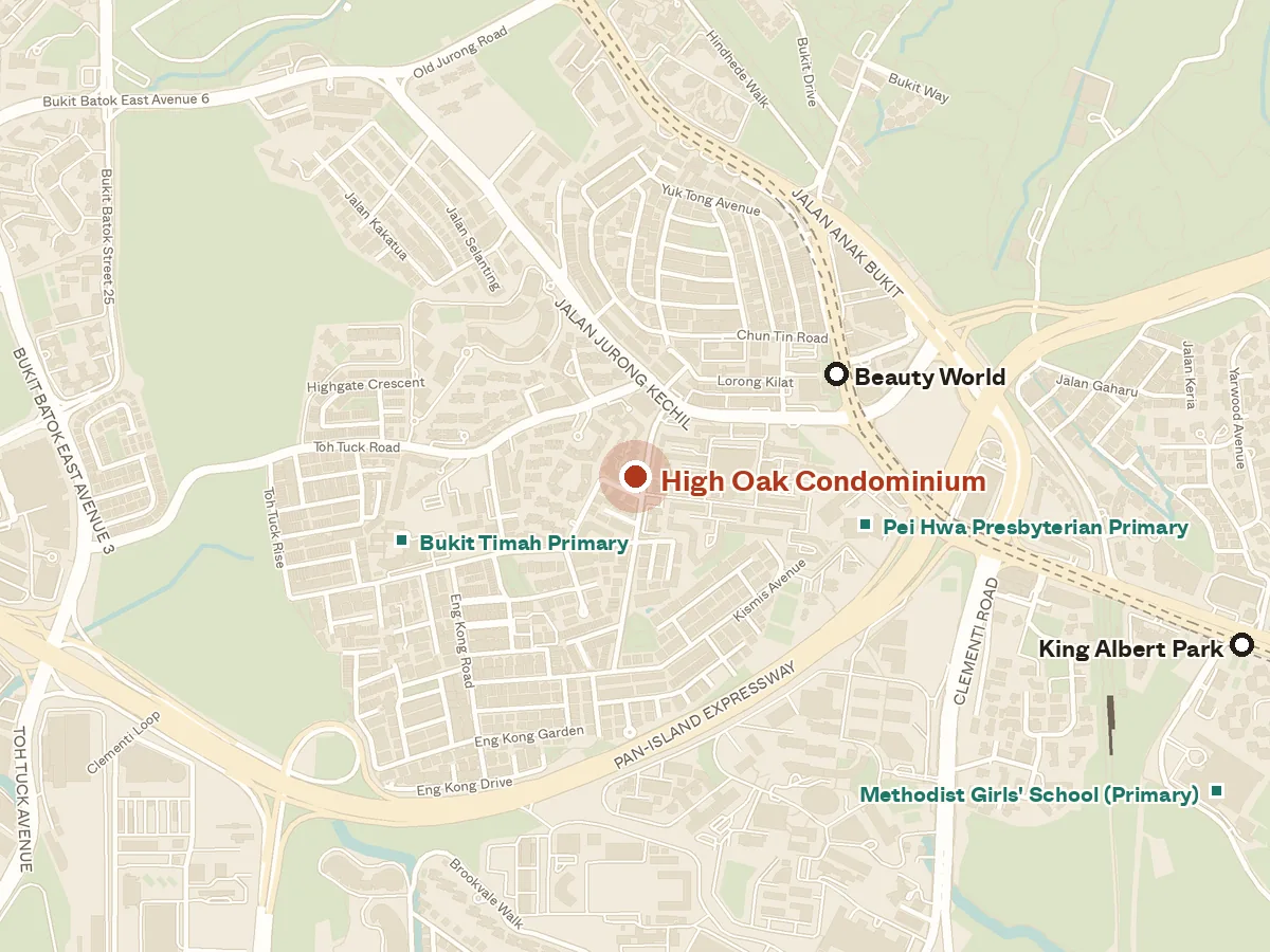 Map of the area around High Oak Condominium, with nearby MRT stations and primary schools