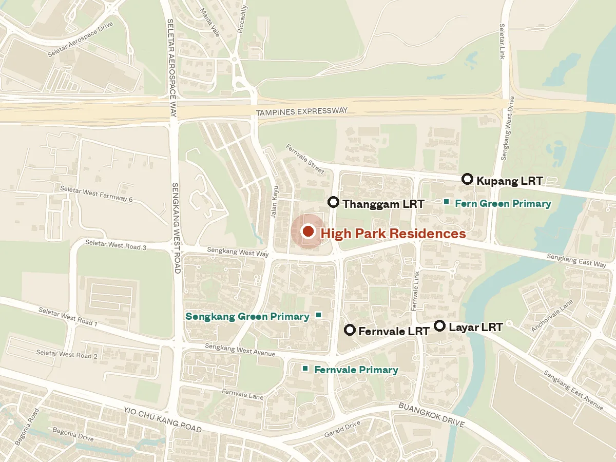 Map of the area around High Park Residences, with nearby MRT stations and primary schools