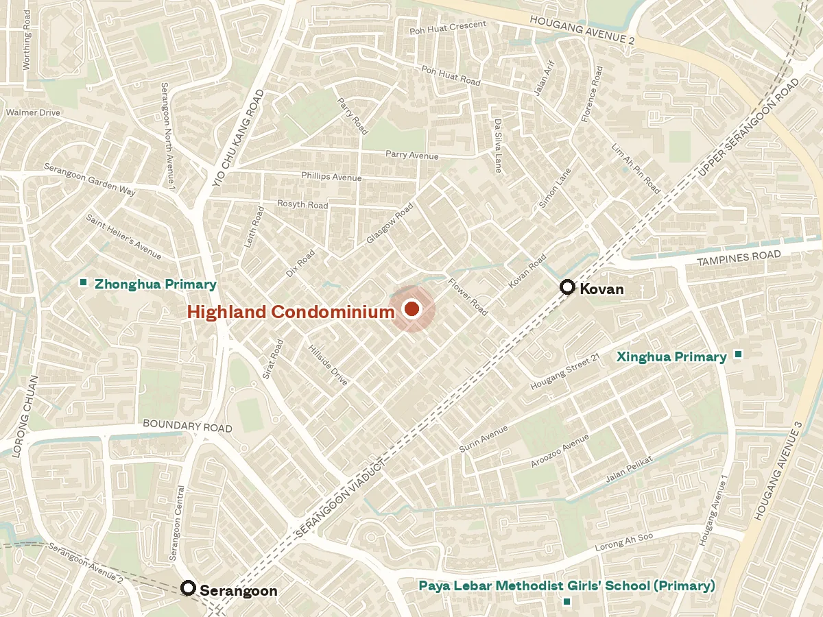 Map of the area around Highland Condominium, with nearby MRT stations and primary schools