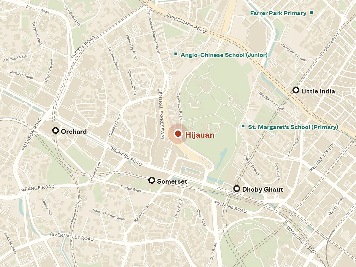 Map of the area around Hijauan, with nearby MRT stations and primary schools