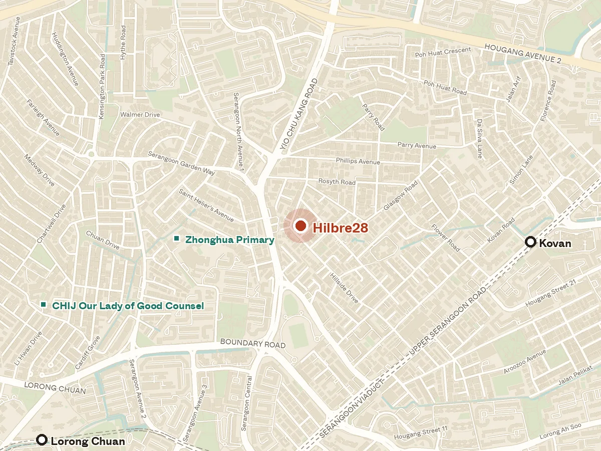 Map of the area around Hilbre28, with nearby MRT stations and primary schools
