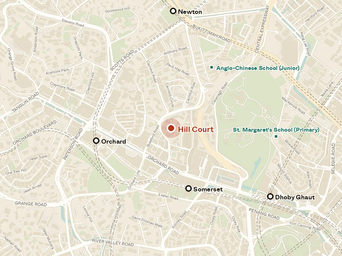 Map of the area around Hill Court, with nearby MRT stations and primary schools