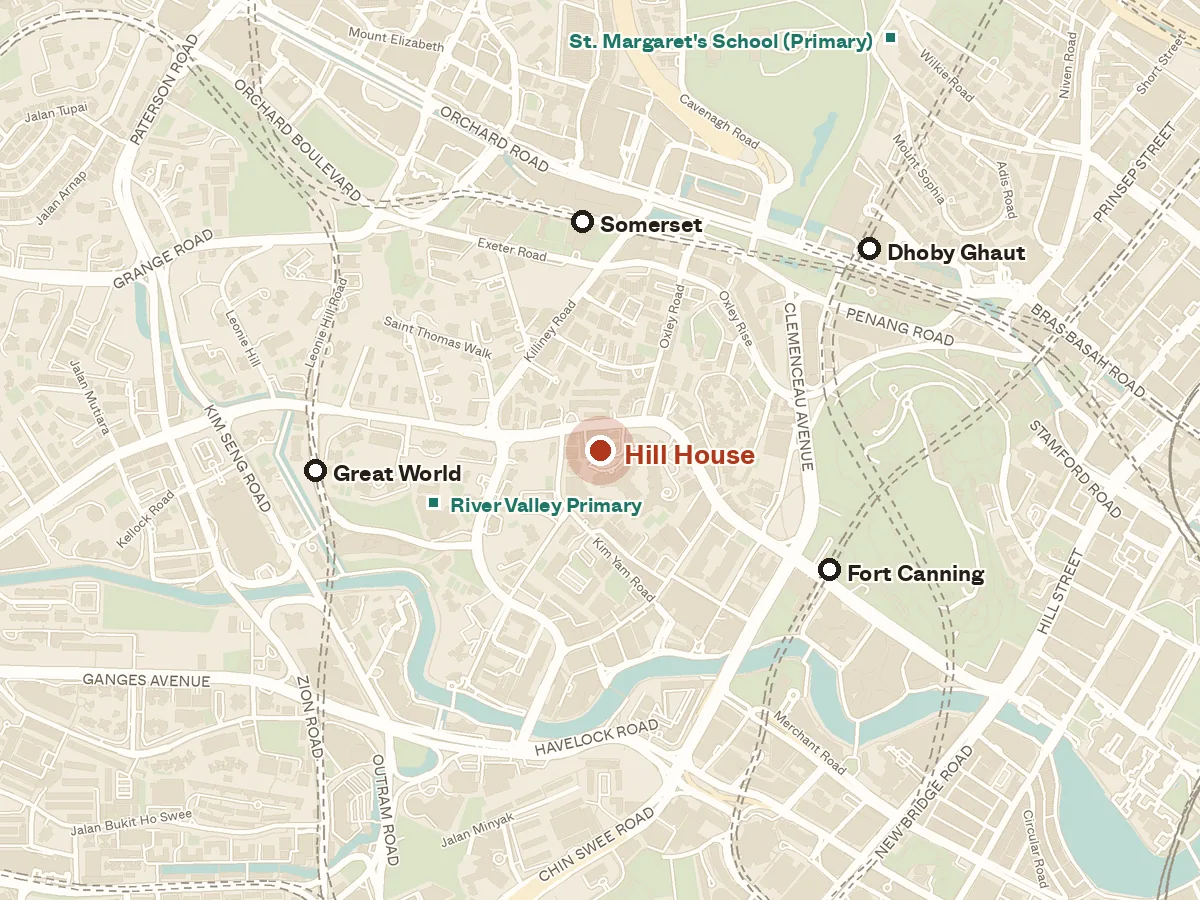 Map of the area around Hill House, with nearby MRT stations and primary schools