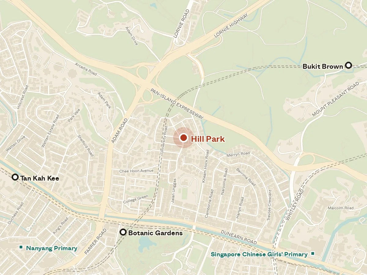 Map of the area around Hill Park, with nearby MRT stations and primary schools