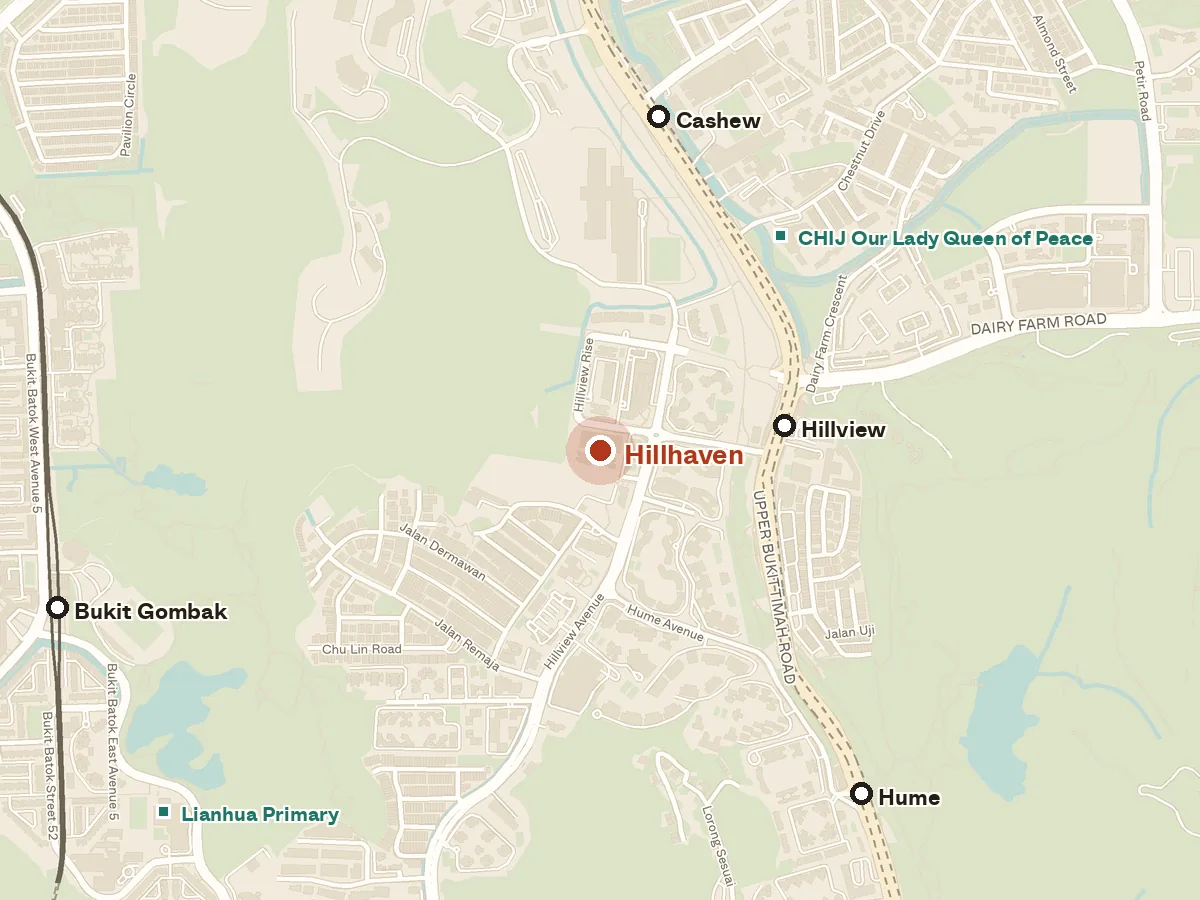 Map of the area around Hillhaven, with nearby MRT stations and primary schools