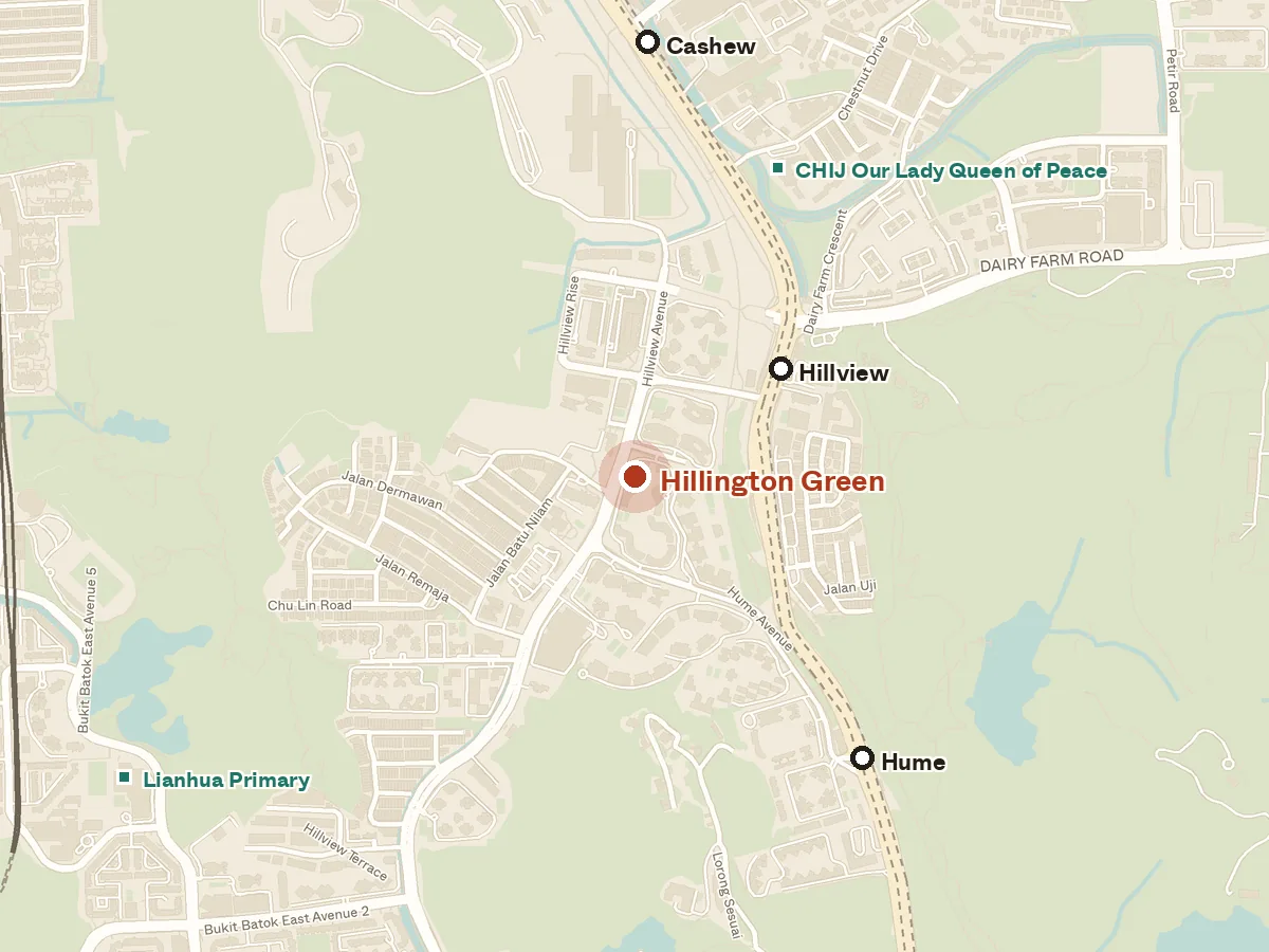 Map of the area around Hillington Green, with nearby MRT stations and primary schools