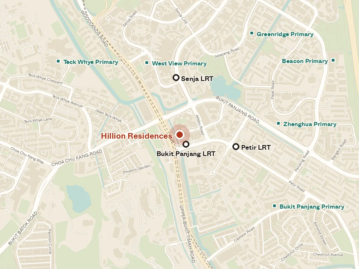 Map of the area around Hillion Residences, with nearby MRT stations and primary schools