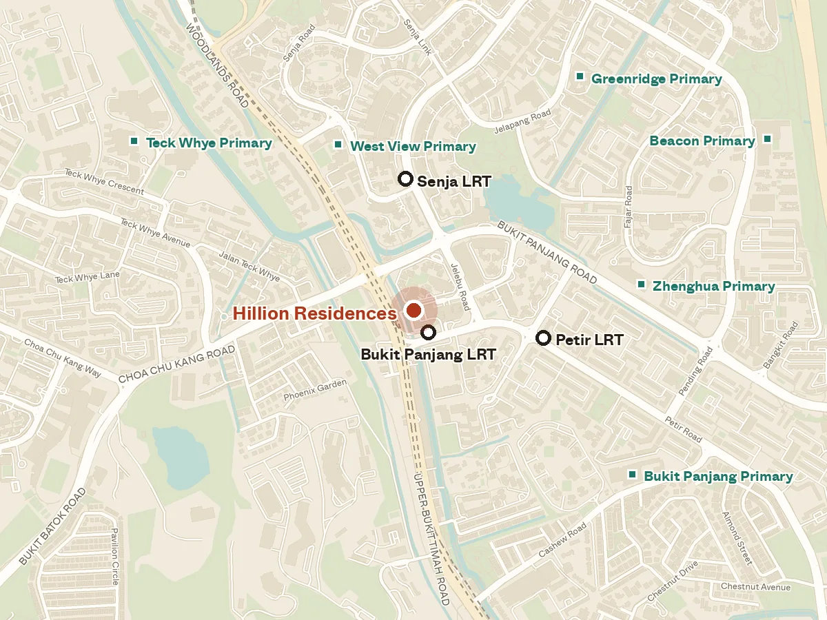 Map of the area around Hillion Residences, with nearby MRT stations and primary schools