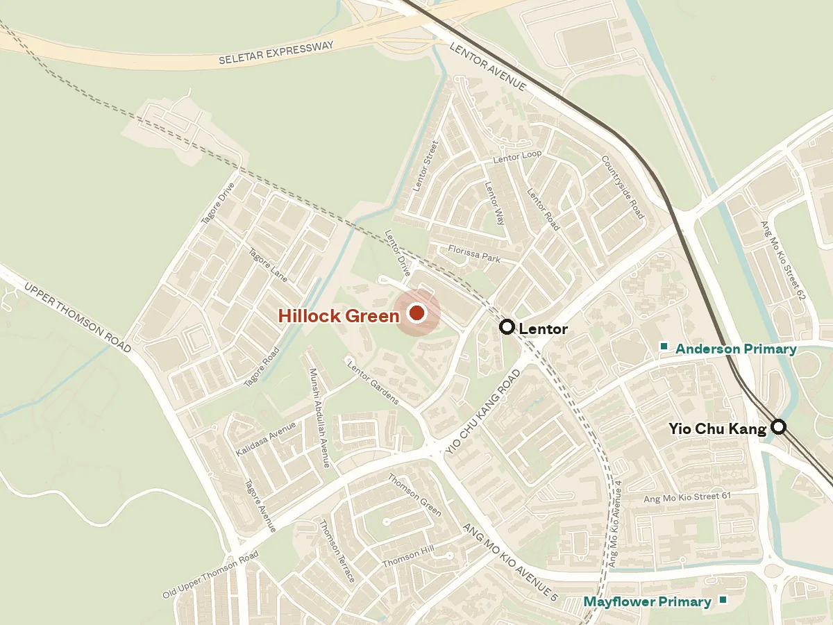 Map of the area around Hillock Green, with nearby MRT stations and primary schools