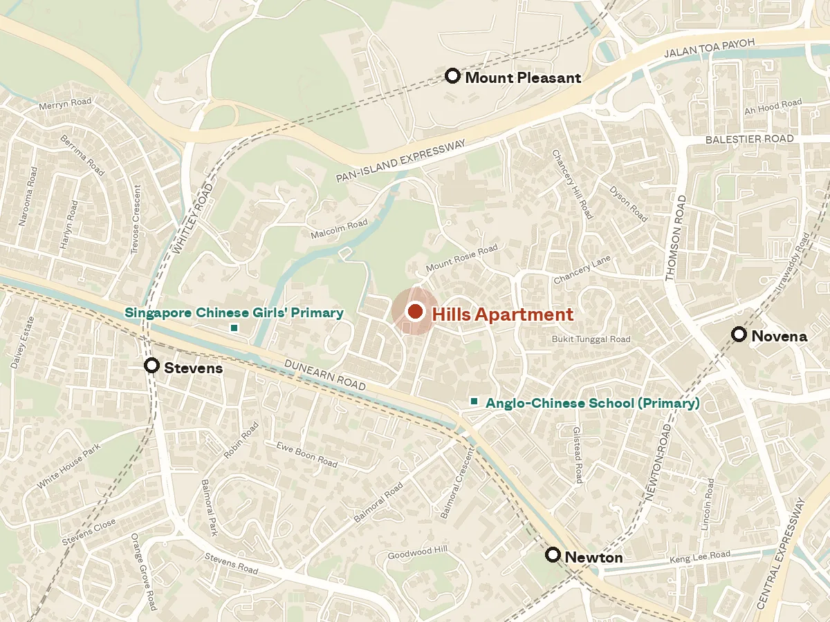 Map of the area around Hills Apartment, with nearby MRT stations and primary schools