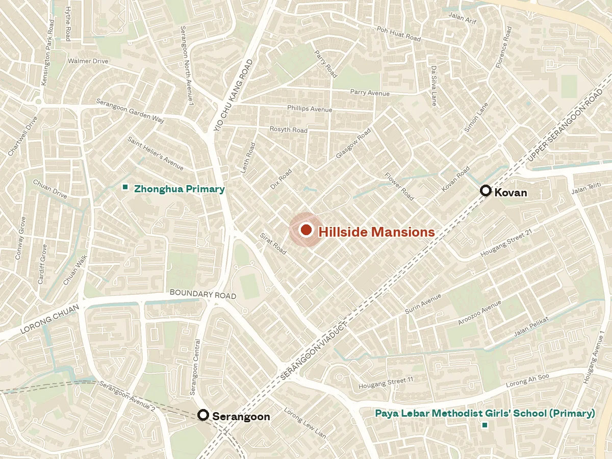 Map of the area around Hillside Mansions, with nearby MRT stations and primary schools