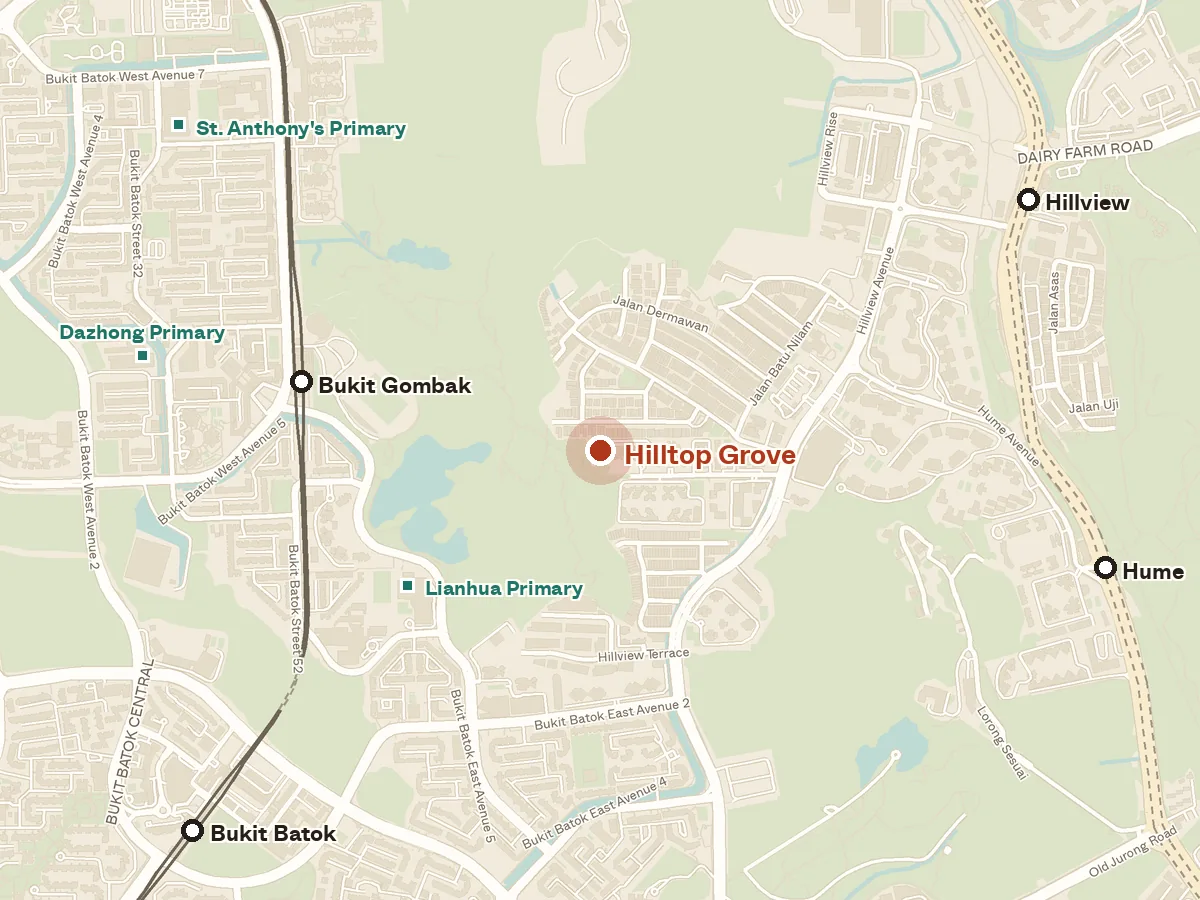 Map of the area around Hilltop Grove, with nearby MRT stations and primary schools