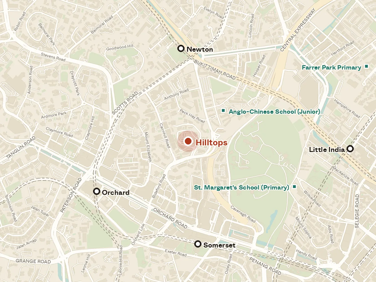 Map of the area around Hilltops, with nearby MRT stations and primary schools