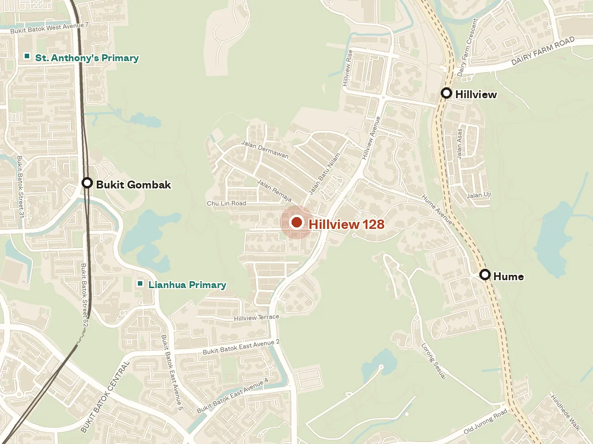 Map of the area around Hillview 128, with nearby MRT stations and primary schools