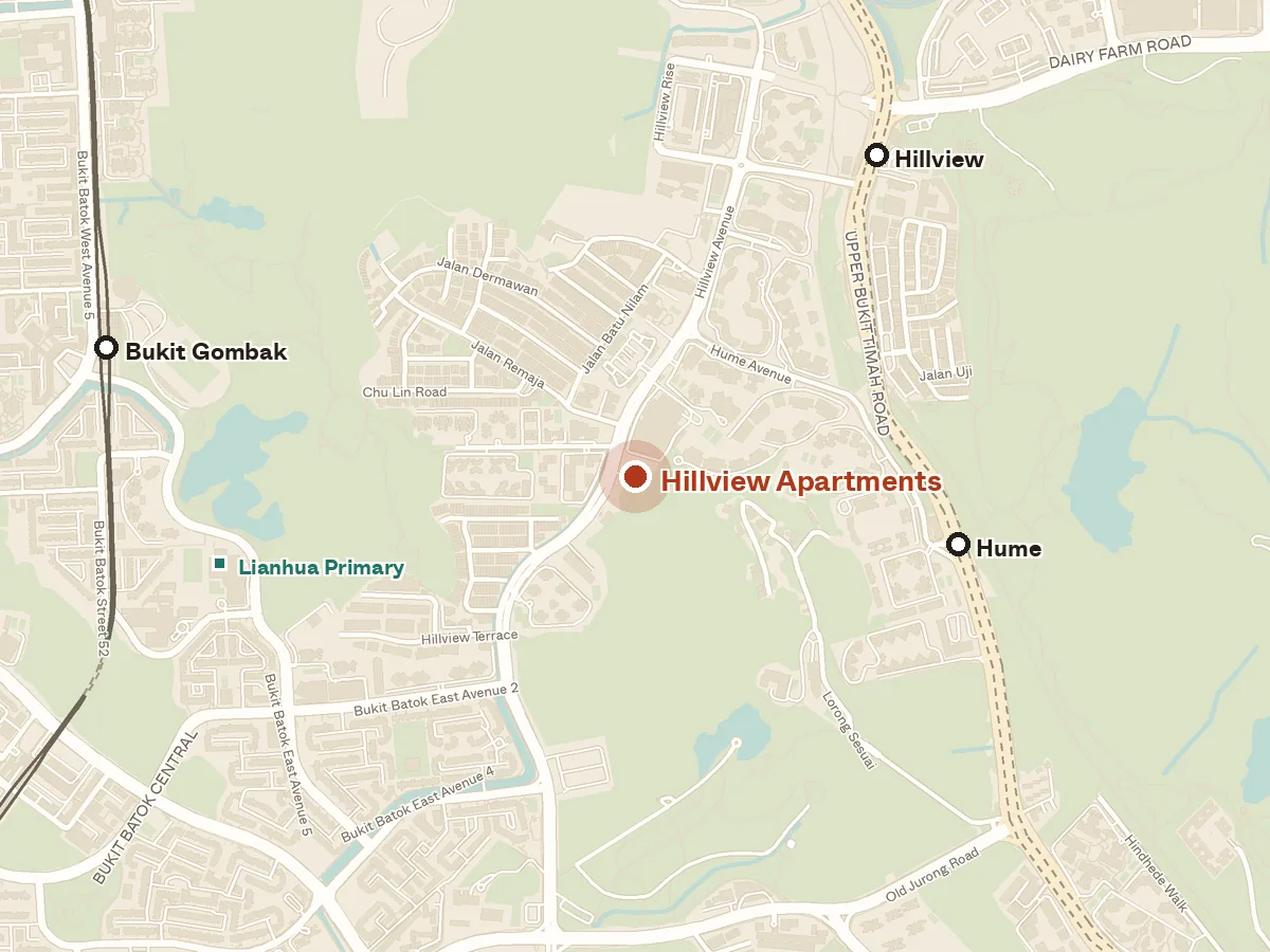 Map of the area around Hillview Apartments, with nearby MRT stations and primary schools
