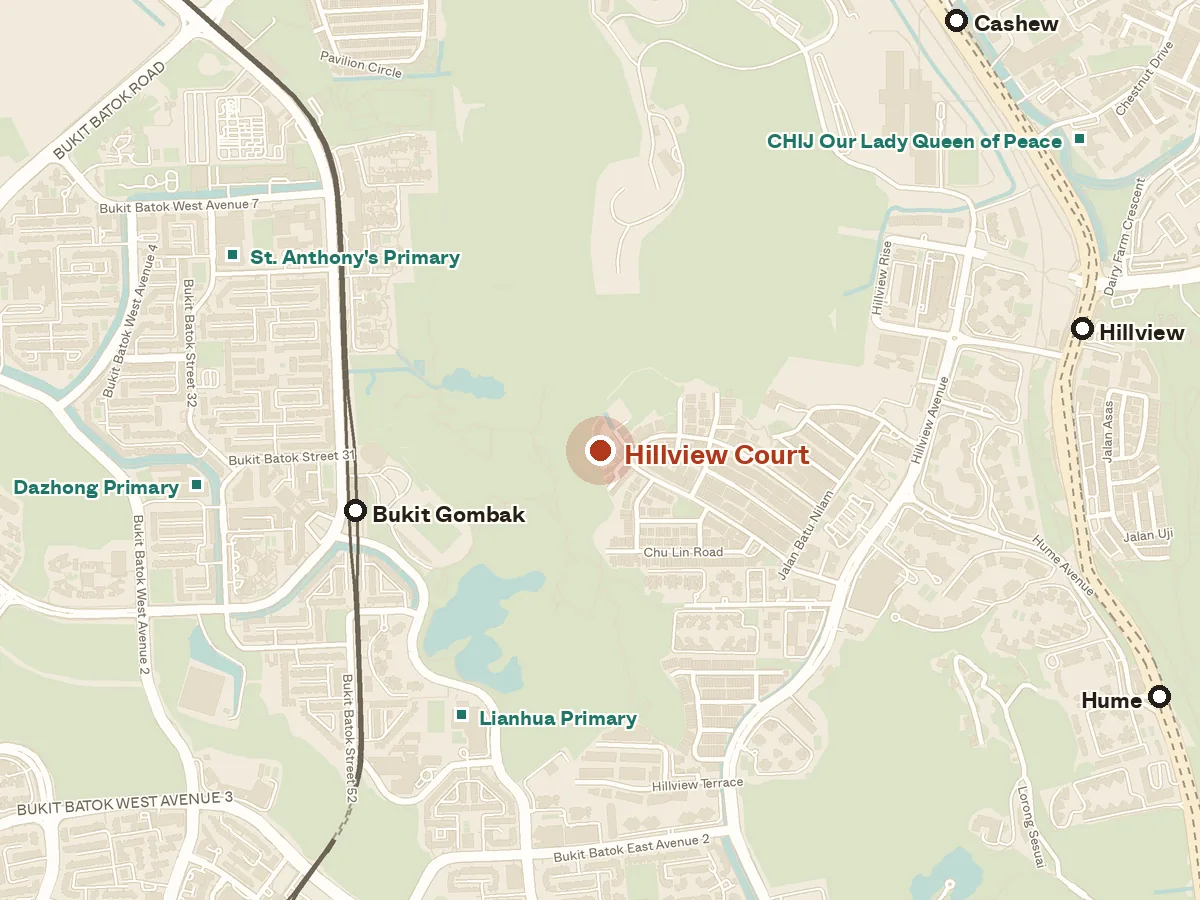 Map of the area around Hillview Court, with nearby MRT stations and primary schools