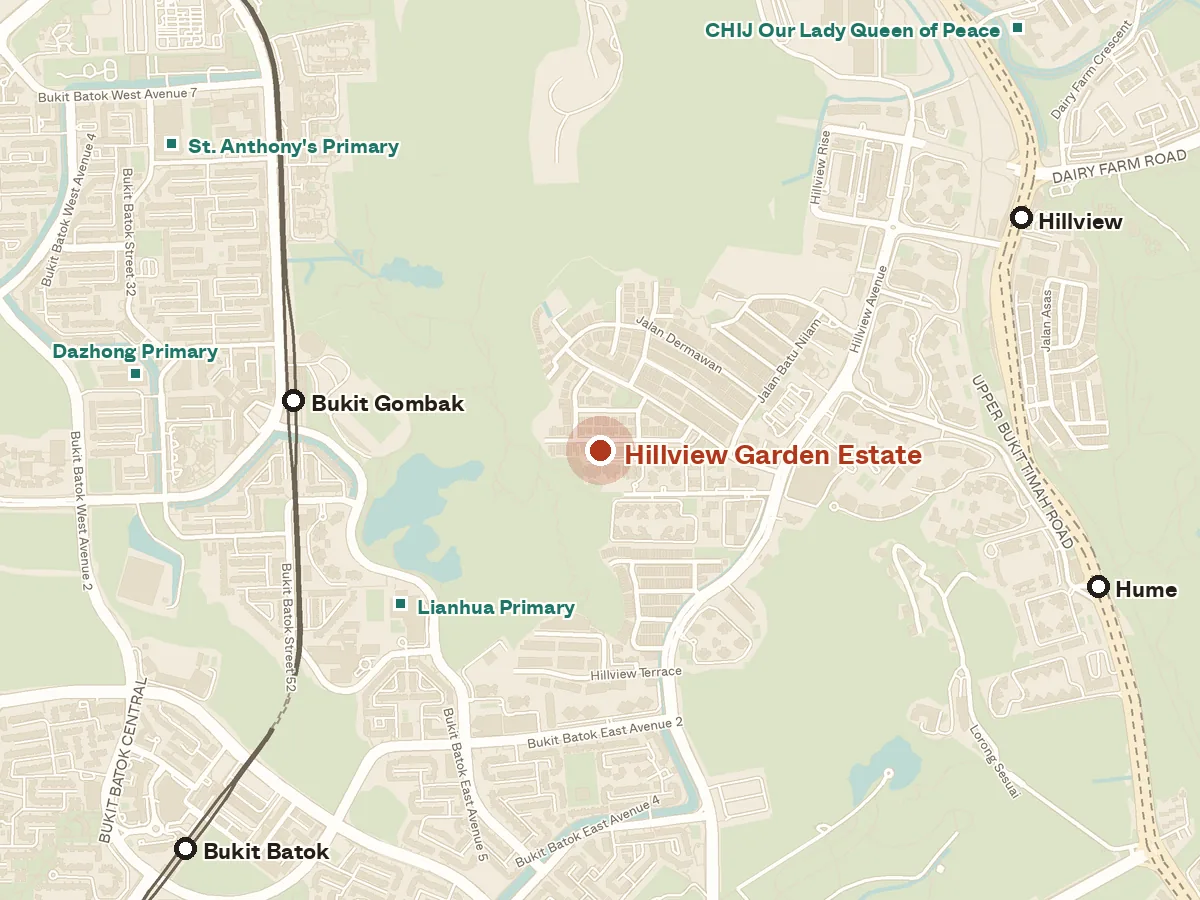 Map of the area around Hillview Garden Estate, with nearby MRT stations and primary schools