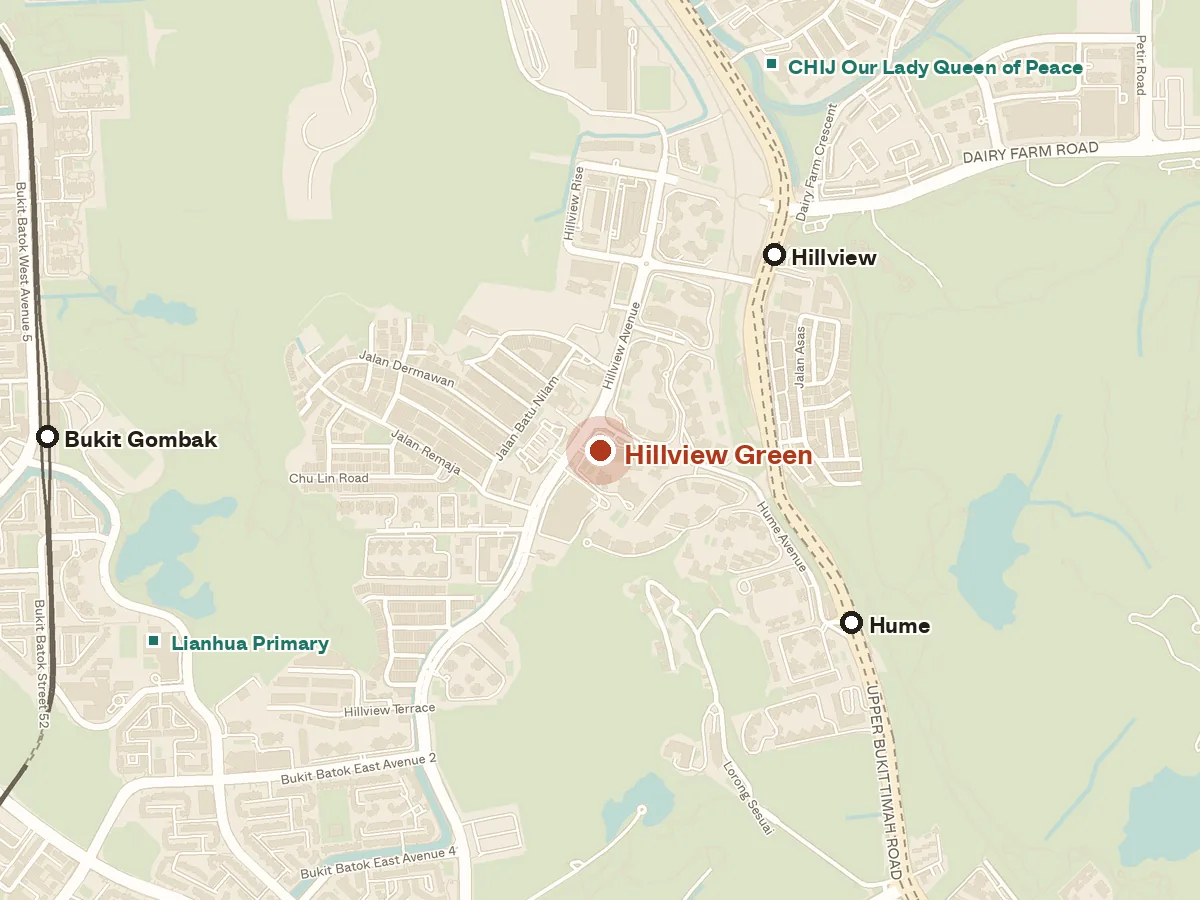 Map of the area around Hillview Green, with nearby MRT stations and primary schools