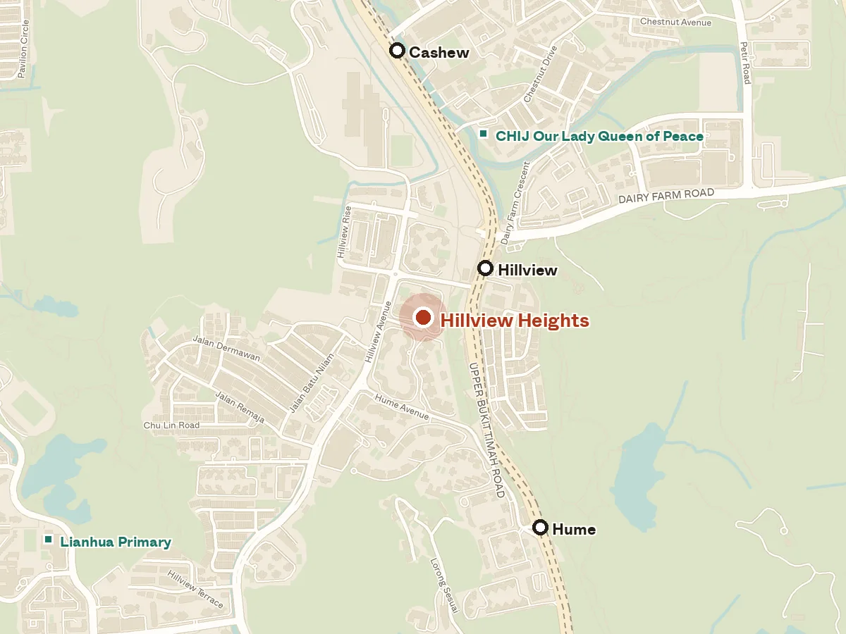 Map of the area around Hillview Heights, with nearby MRT stations and primary schools