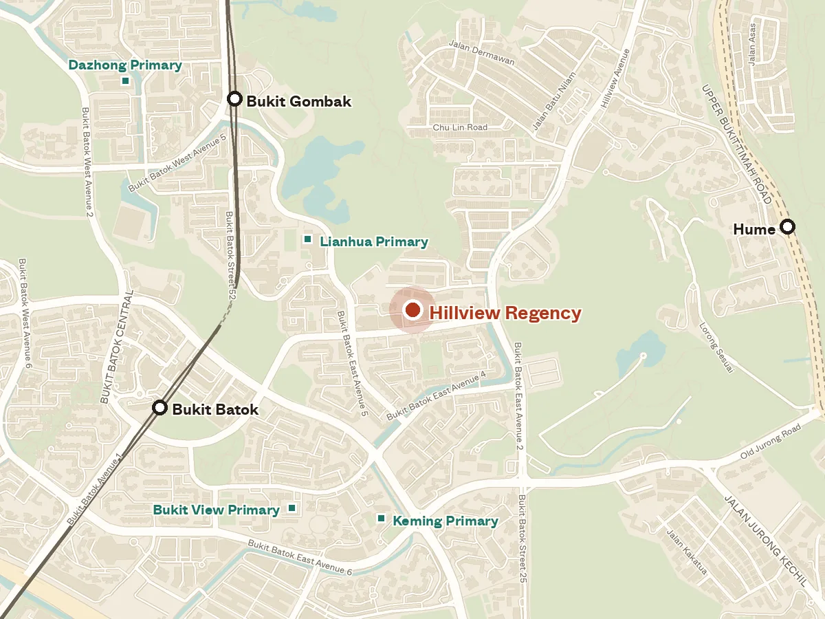 Map of the area around Hillview Regency, with nearby MRT stations and primary schools