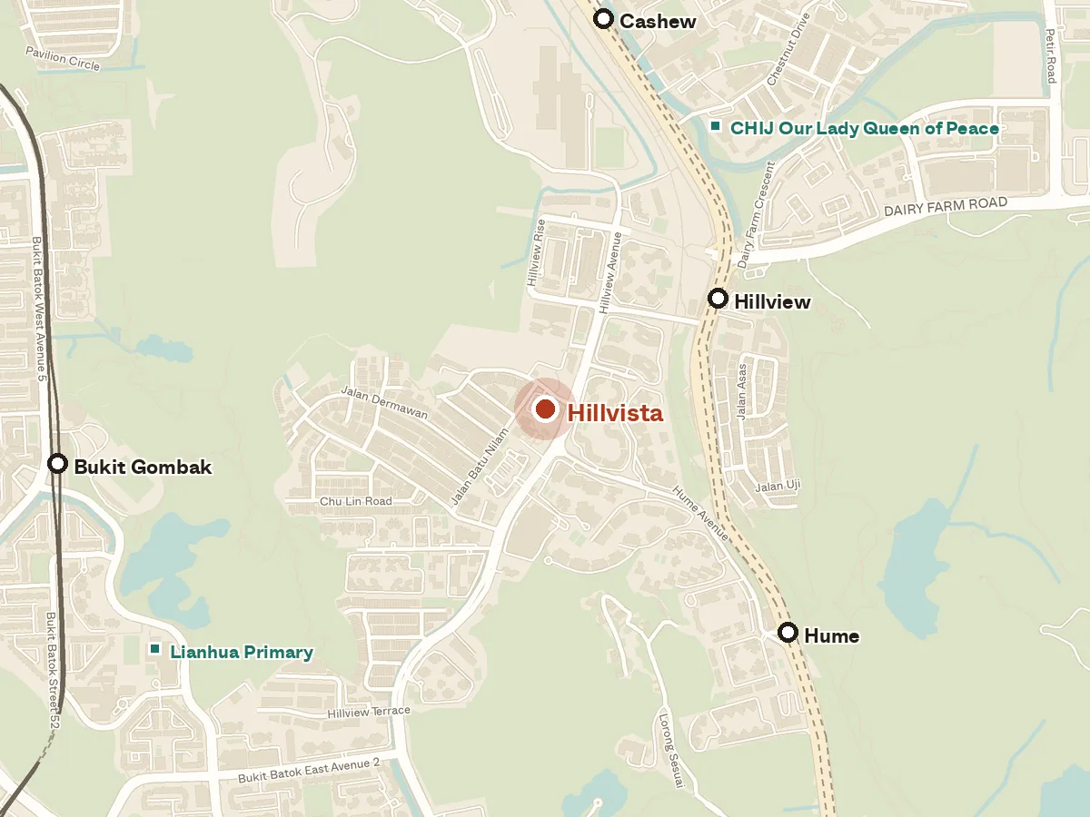 Map of the area around Hillvista, with nearby MRT stations and primary schools