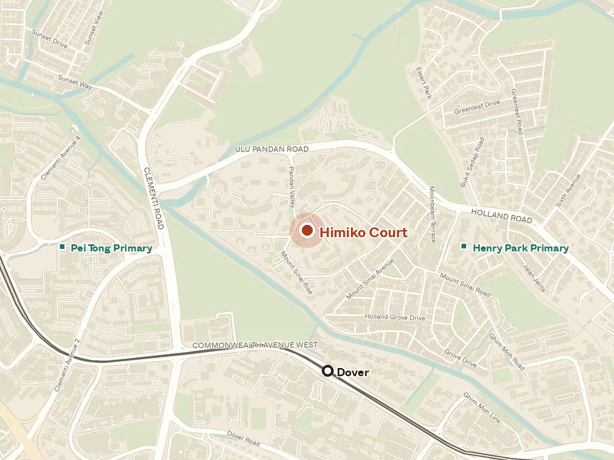 Map of the area around Himiko Court, with nearby MRT stations and primary schools