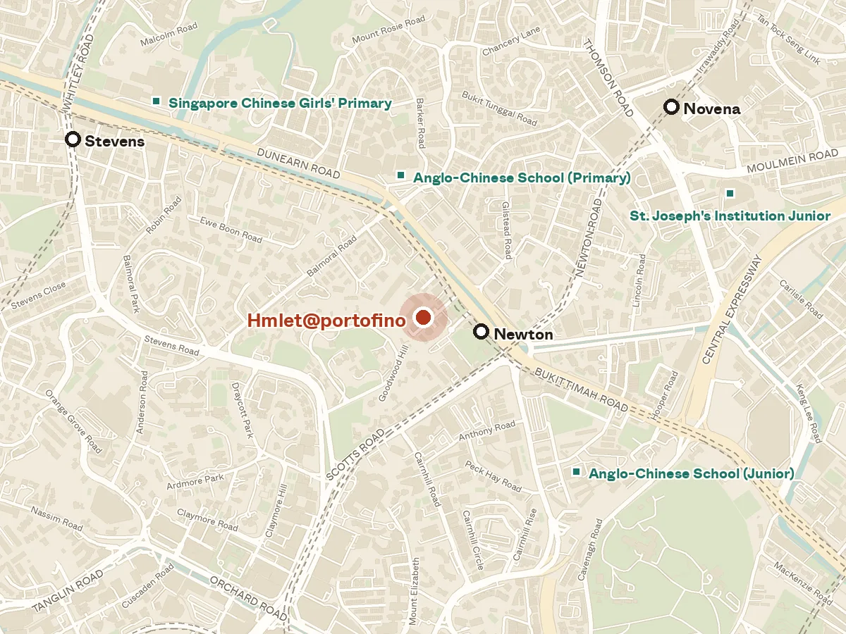 Map of the area around Hmlet@portofino, with nearby MRT stations and primary schools