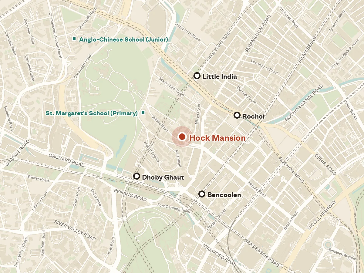 Map of the area around Hock Mansion, with nearby MRT stations and primary schools