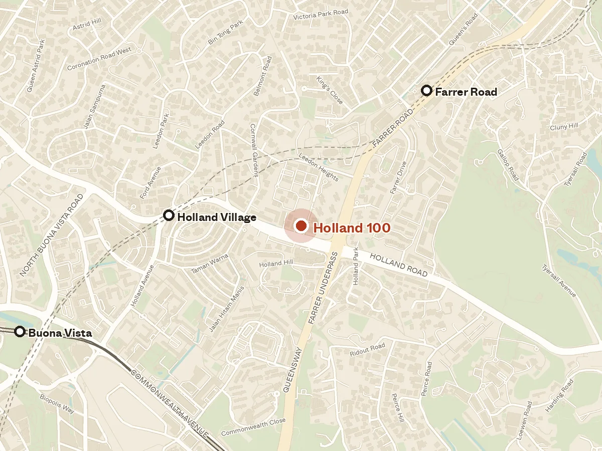 Map of the area around Holland 100, with nearby MRT stations and primary schools