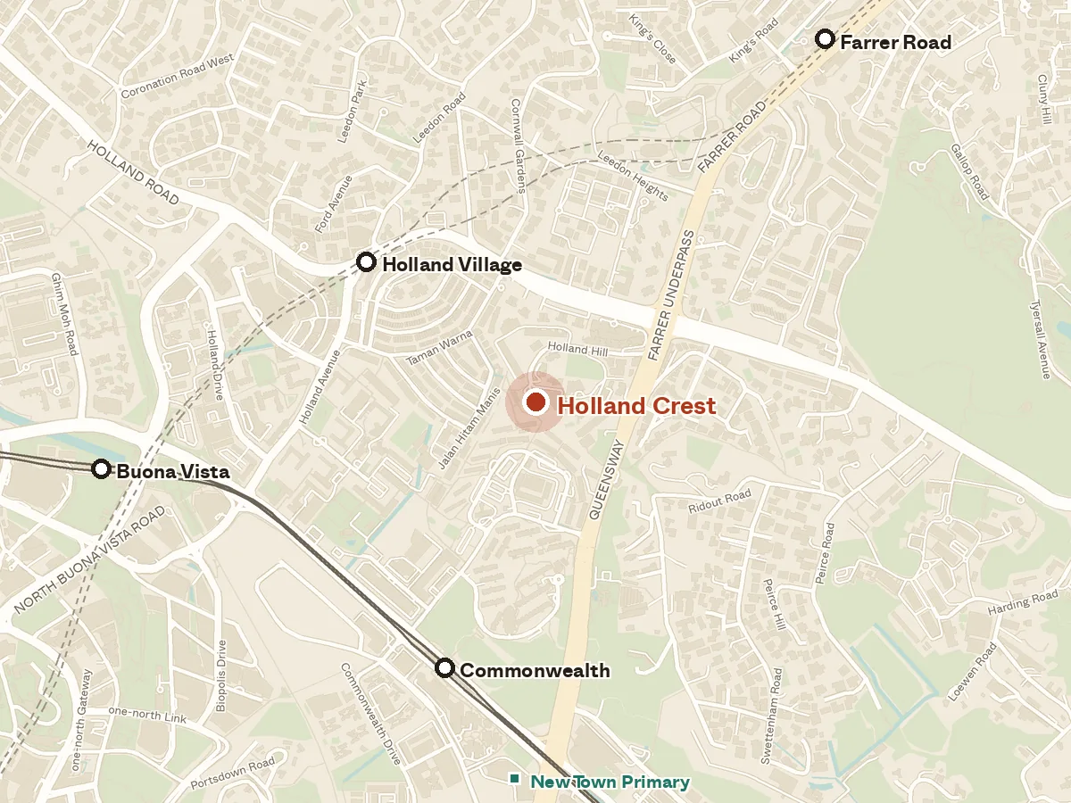 Map of the area around Holland Crest, with nearby MRT stations and primary schools