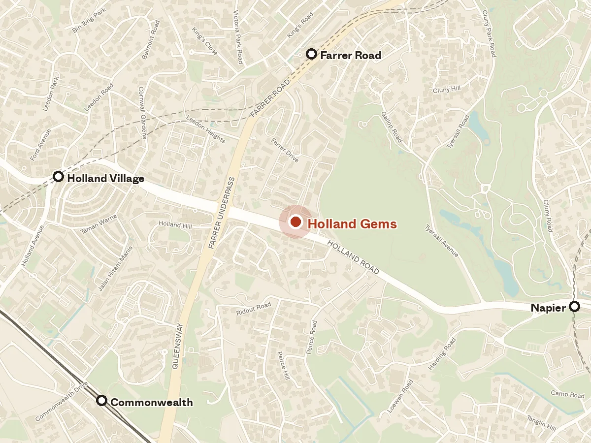 Map of the area around Holland Gems, with nearby MRT stations and primary schools